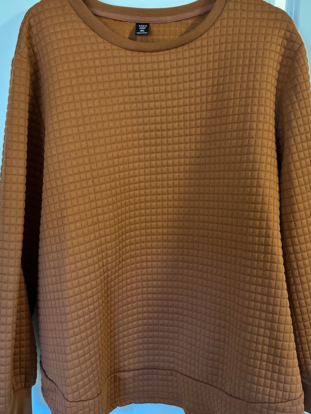 SHEIN Quilted Crewneck Sweater in Camel Brown